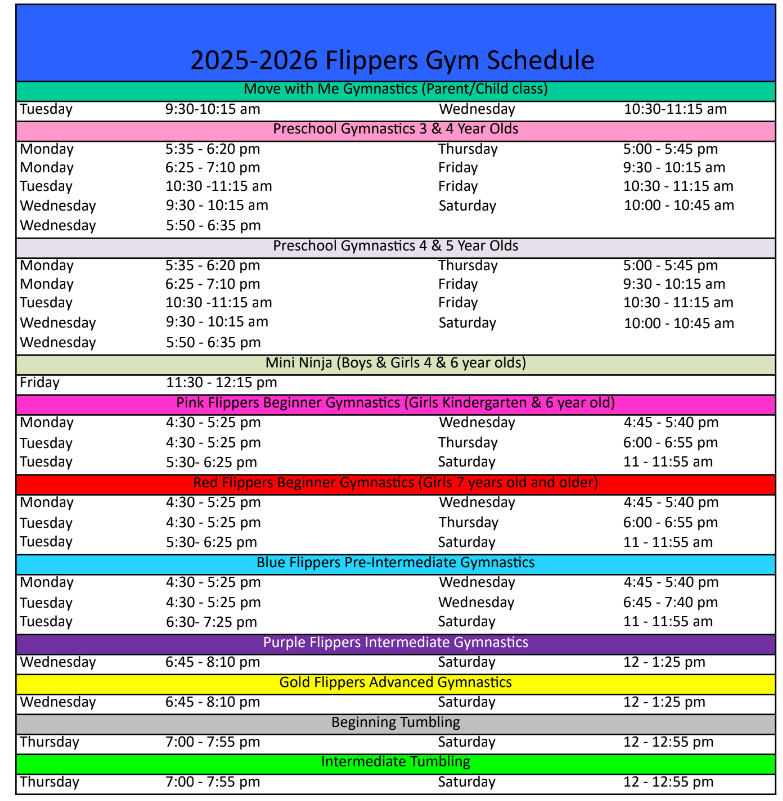 2024-2025 Session 4 Gym Schedule at Flippers Gym Program
